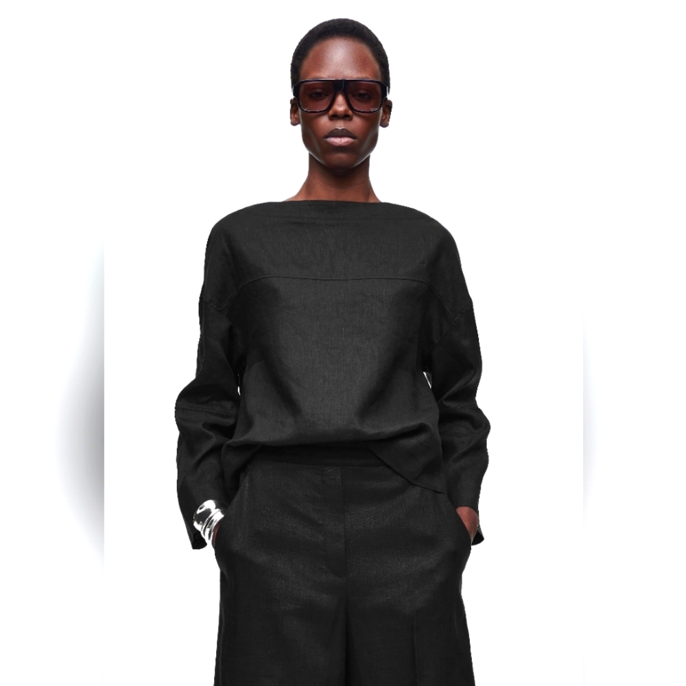 COS Tie Detail black linen blouse